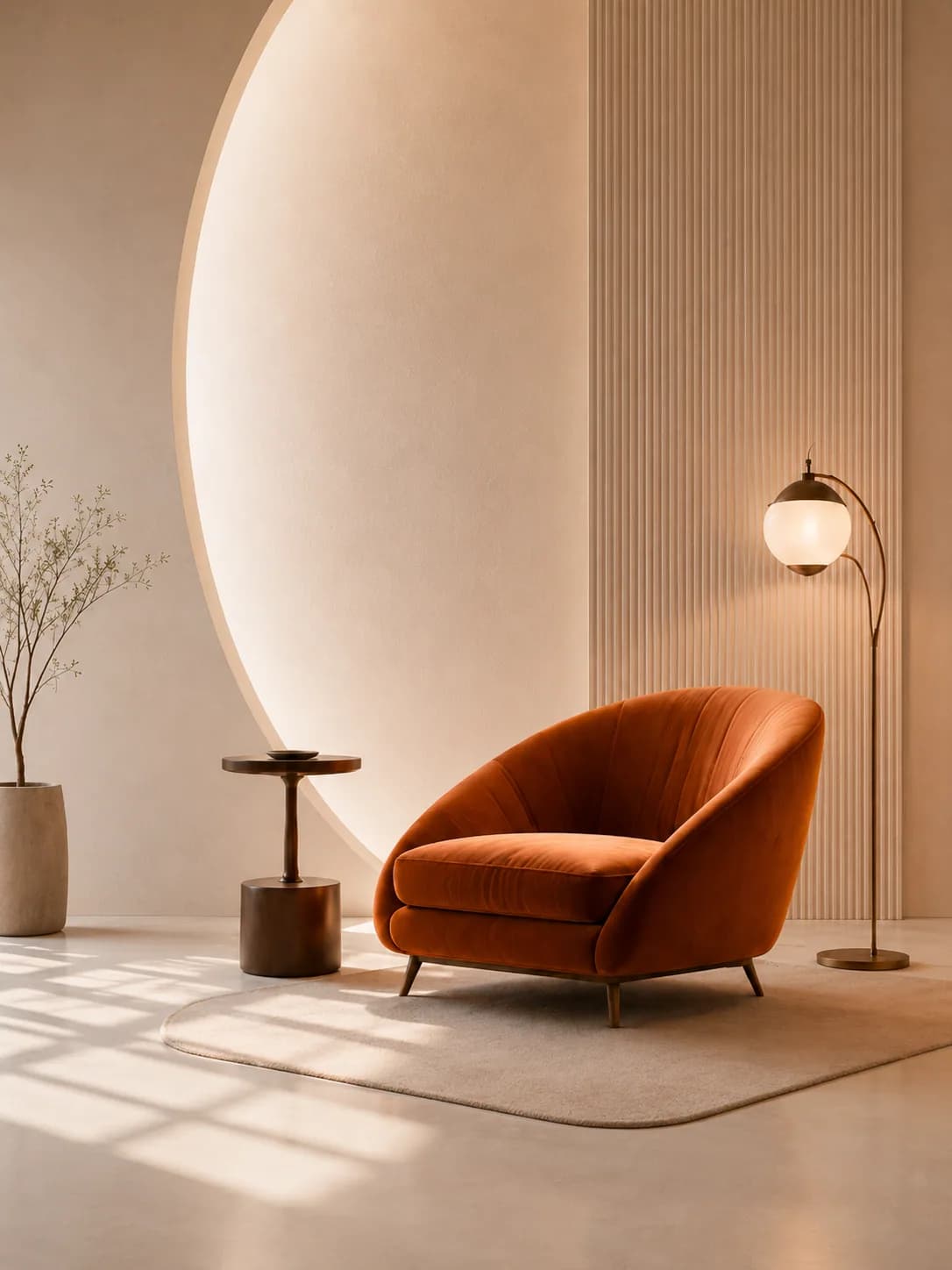 Warm armchair with a floor lamp in a styled living room